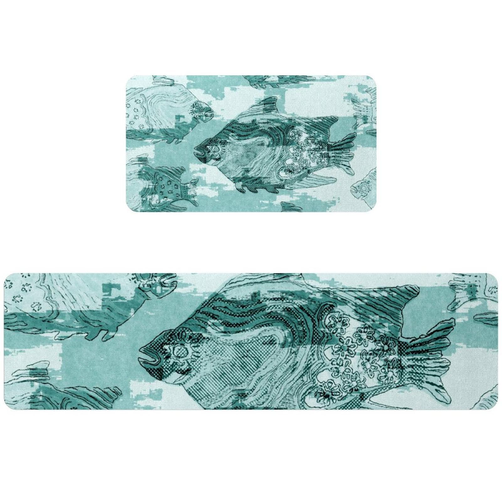 Tapete de cocina de 2 piezas con diseño de pez Egeo, alfombra antideslizante y lavable
