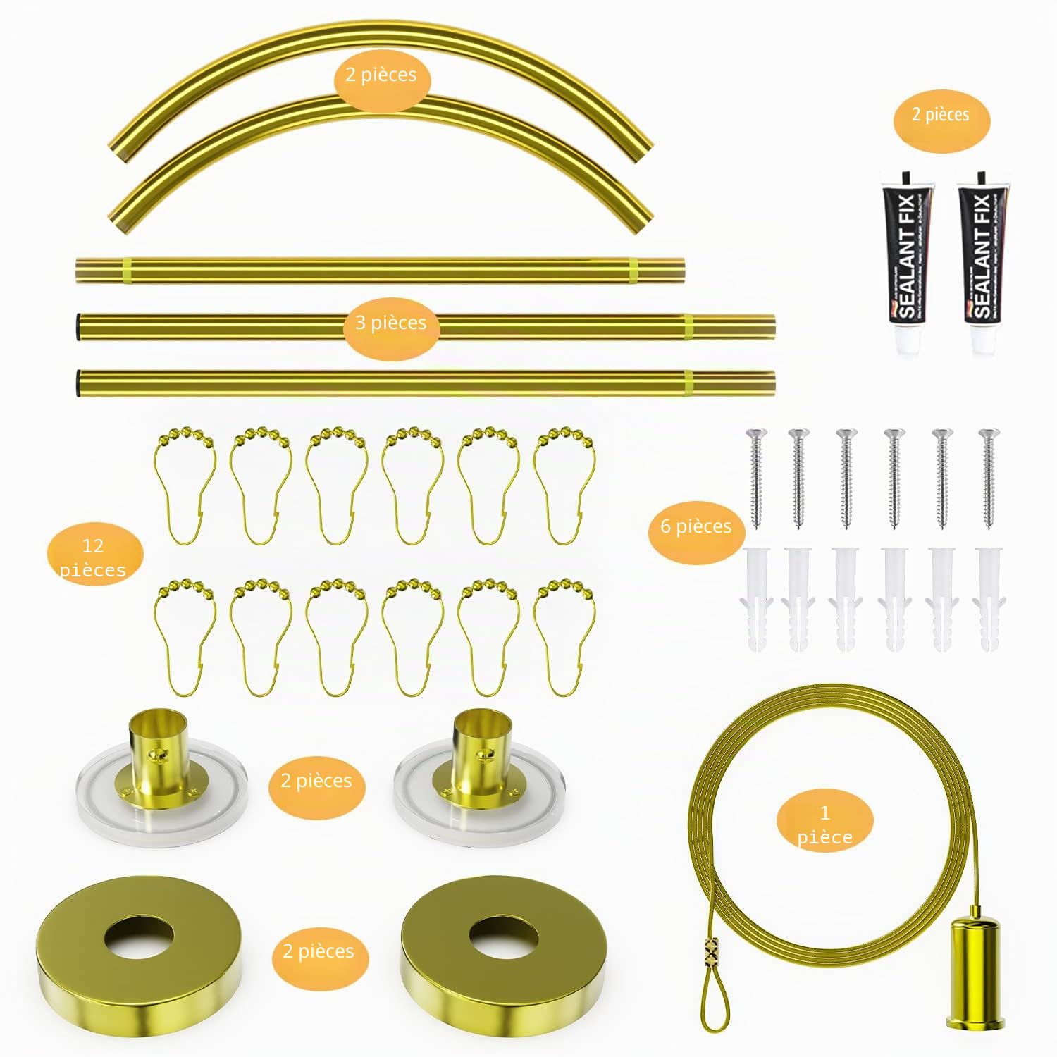 Tringle à rideau de douche d'angle en acier inoxydable 304 en forme de U, taille réglable (en forme de U doré, longueur des deux côtés : 80-120 cm, largeur du milieu : 88-110 cm)