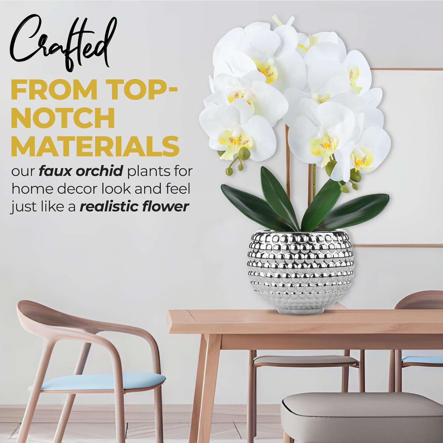 Large Orchids Artificial Flowers, 17'' White Faux Orchids with Gold Pot for Living Room Decor, White Faux Orchid Plant for Bathroom Kitchen Home Indoor Hotel Decor (Large Silver) - Image 3