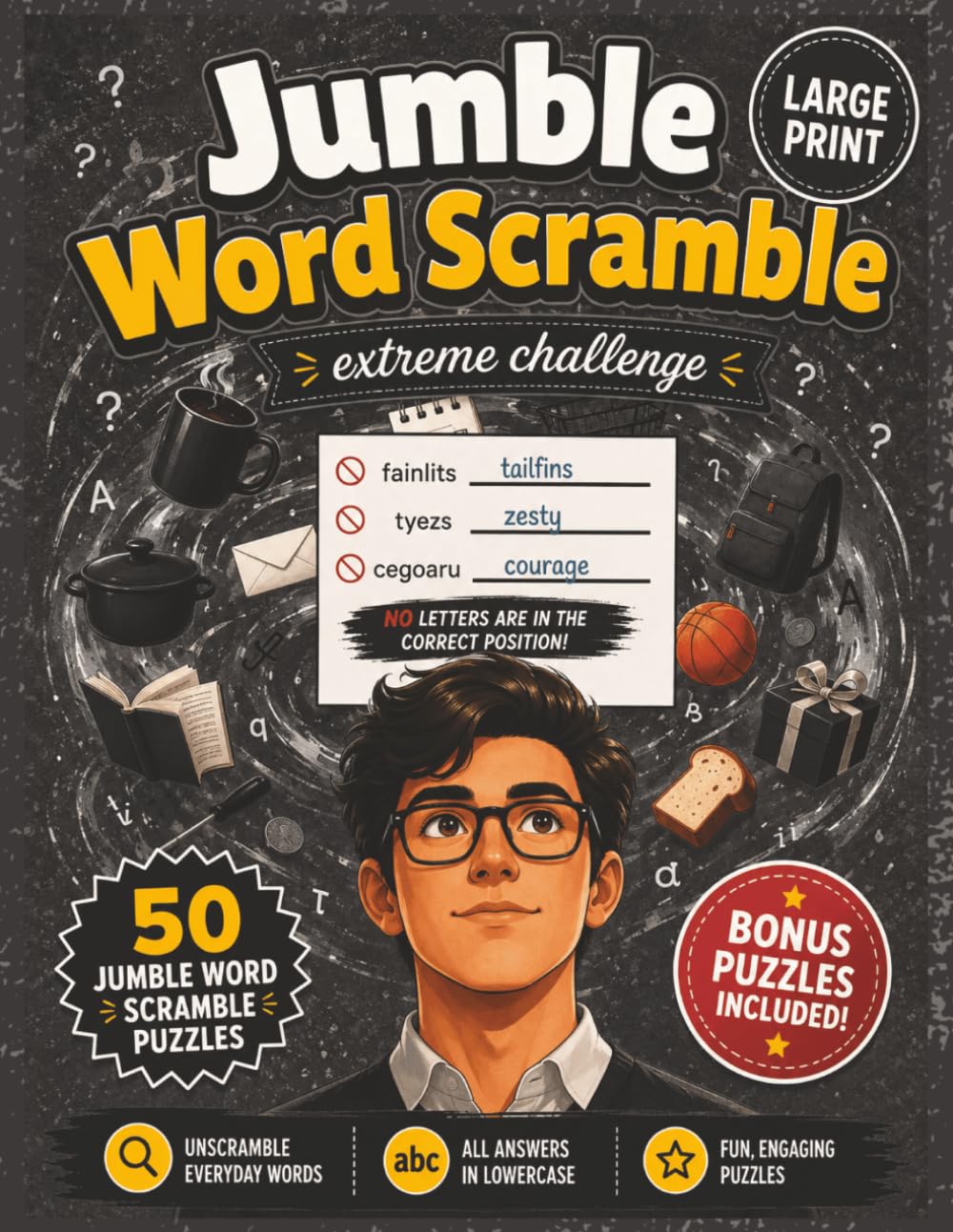 Jumble Word Scramble Puzzle Book Extreme Challenge: 50 Difficult Word Scramble Puzzles with Bonus All Directions Word Searches | Advanced Brain Games ... (Large Print Jumble Word Scramble Books)