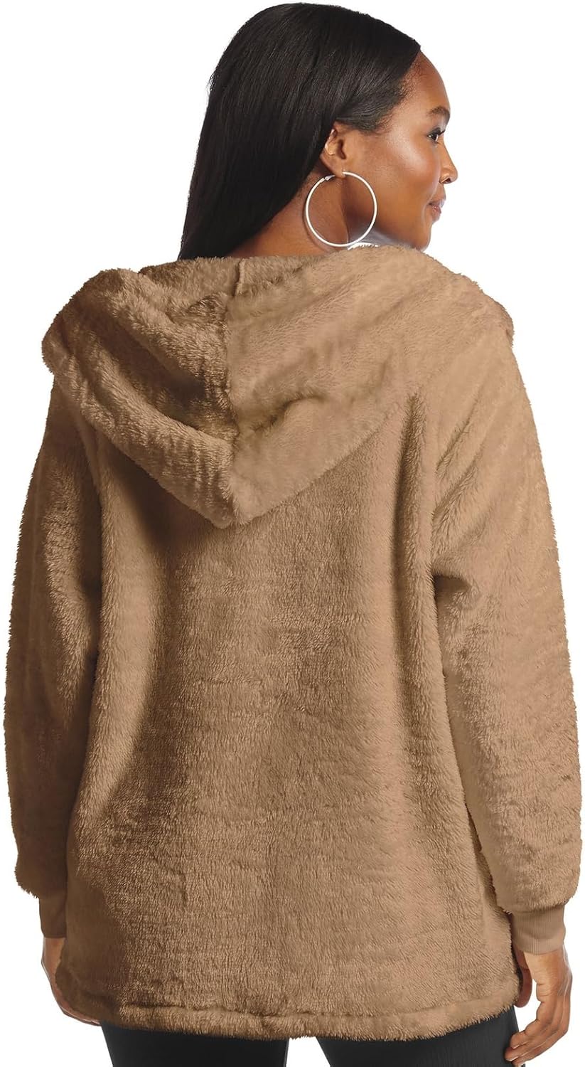 Masseys Women's Sherpa Open Front Hooded Cardigan, Chestnut, S/M - Image 3