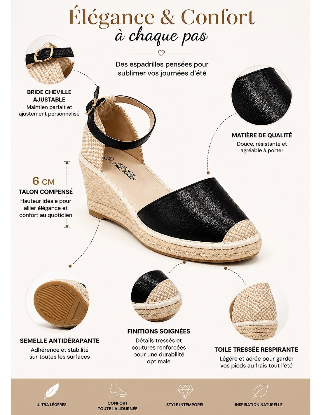 Espadrilles Femme Compensées Confortables 6 cm – Sandales Été Élégantes en Toile & Corde avec Bride Cheville