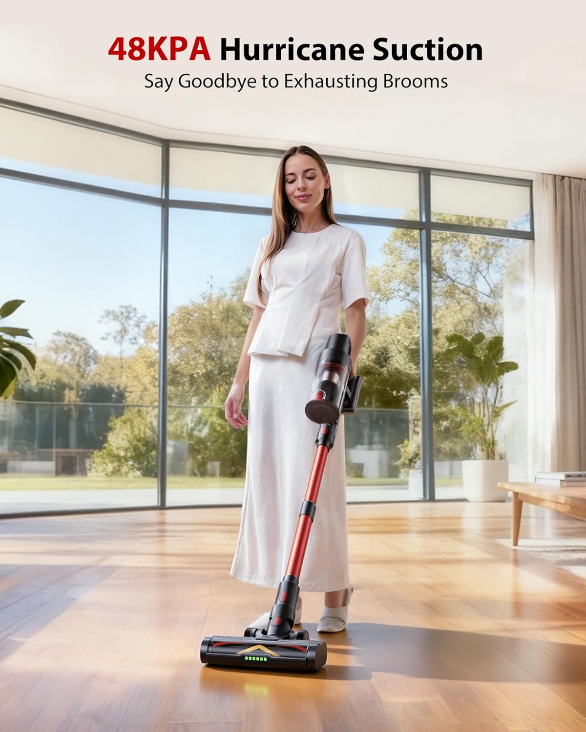Cordless Vacuum Cleaner, 75Mins/48KPa/600W Self-Standing Stick Vacuum Cleaners for Home, Rechargeable, Lightweight, Anti-Static&Anti-Tangle Brush, for Hard Floor, Carpet, Hardwoods, Pet Hair