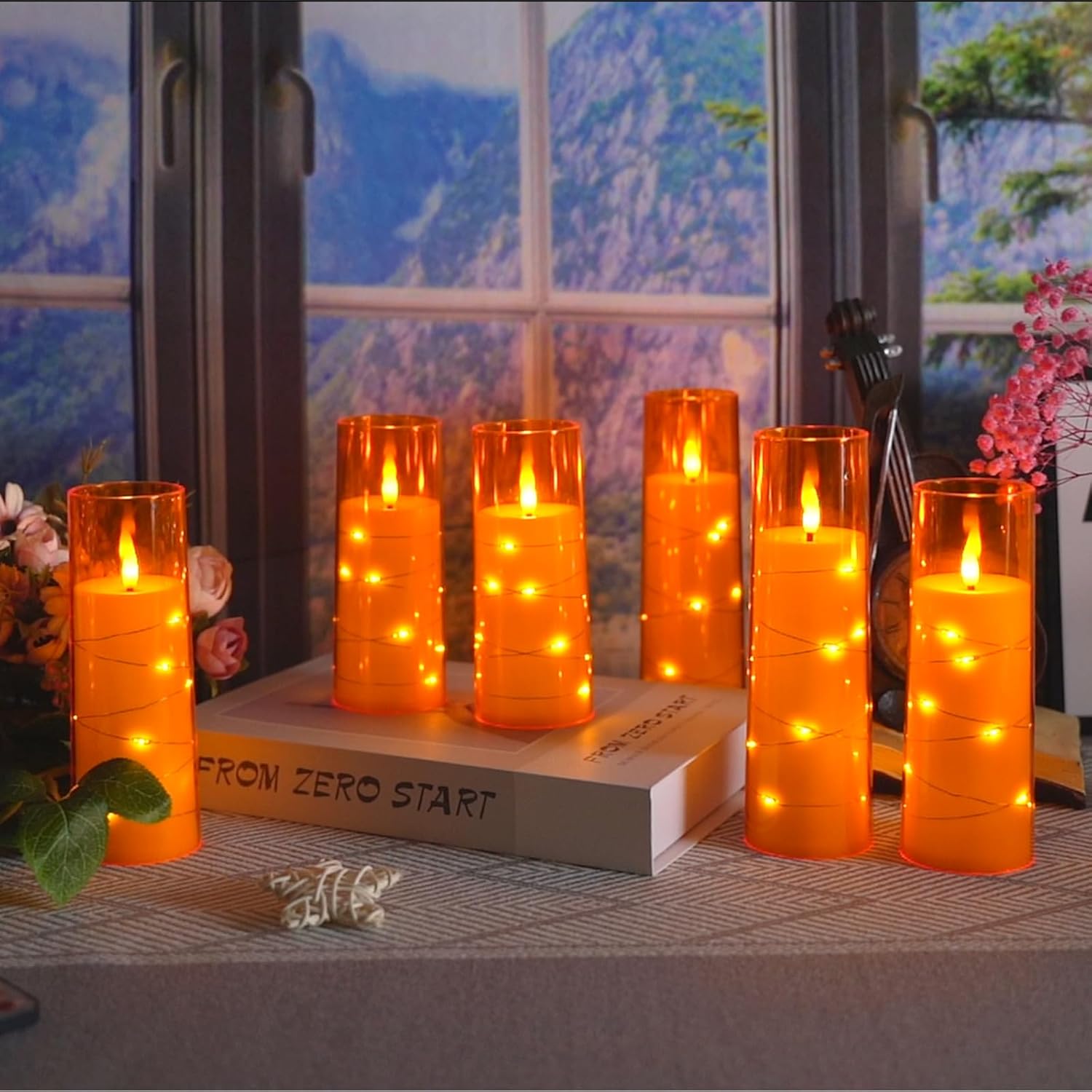 Orange LED Flameless Pillar Candles with Timer and Remote, Set of 7