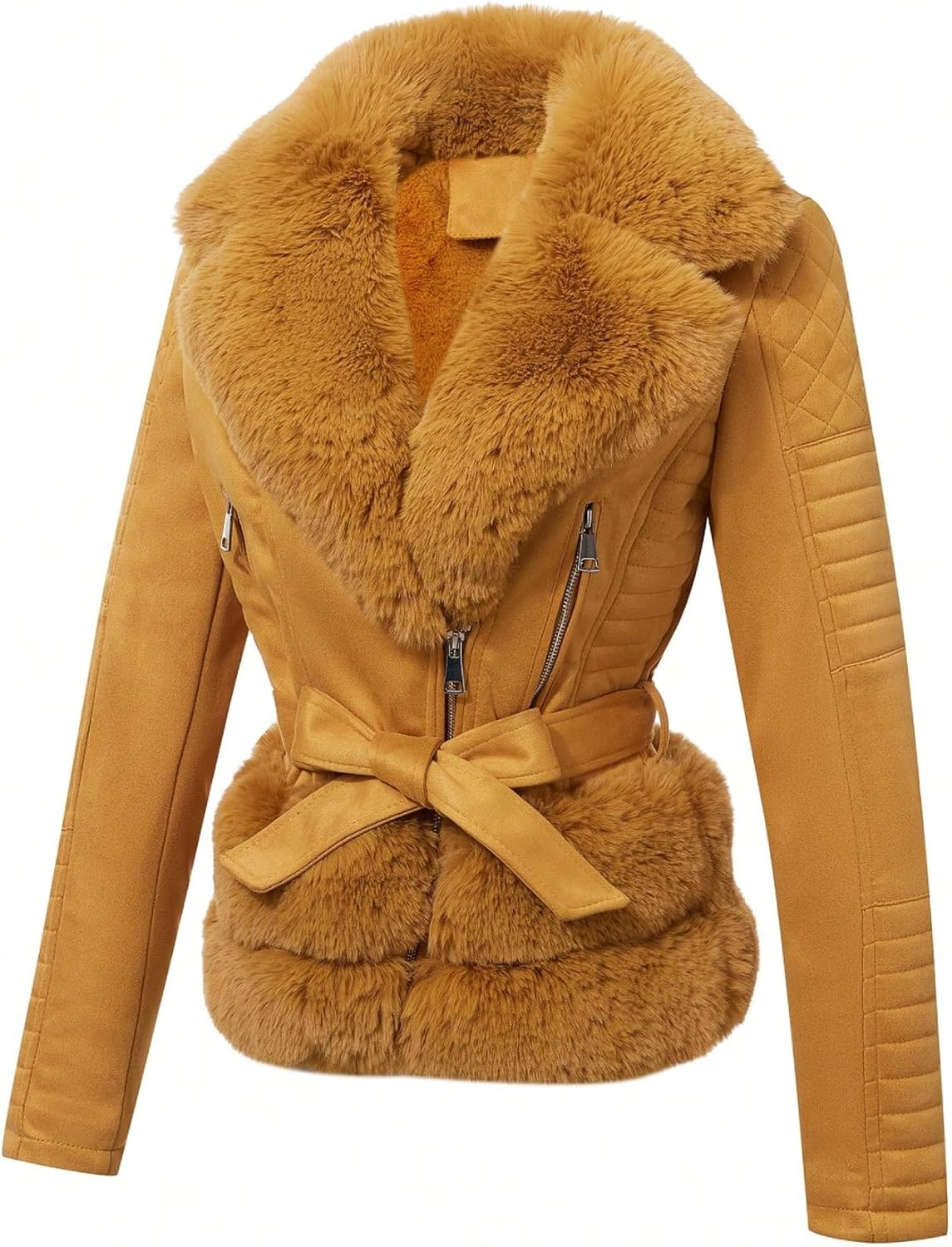 Women's Faux Leather Jacket Spring Motor Biker Clothes Outfits Sherpa-Lined Coat with Removable Fur Collar - Image 4