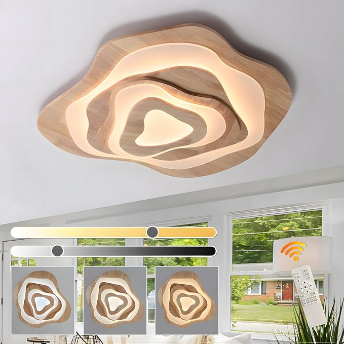 WayLuoung Houten LED-Plafondlamp | Ø80cm 65W 5500lm | 3000K-6000K Dimbaar Met Afstandsbediening, Moderne Natuurlijke Houten + Acryl Wolkenlamp, Woonkamer Kind Slaapkamer Keuken Eetkamer Thuiskantoor