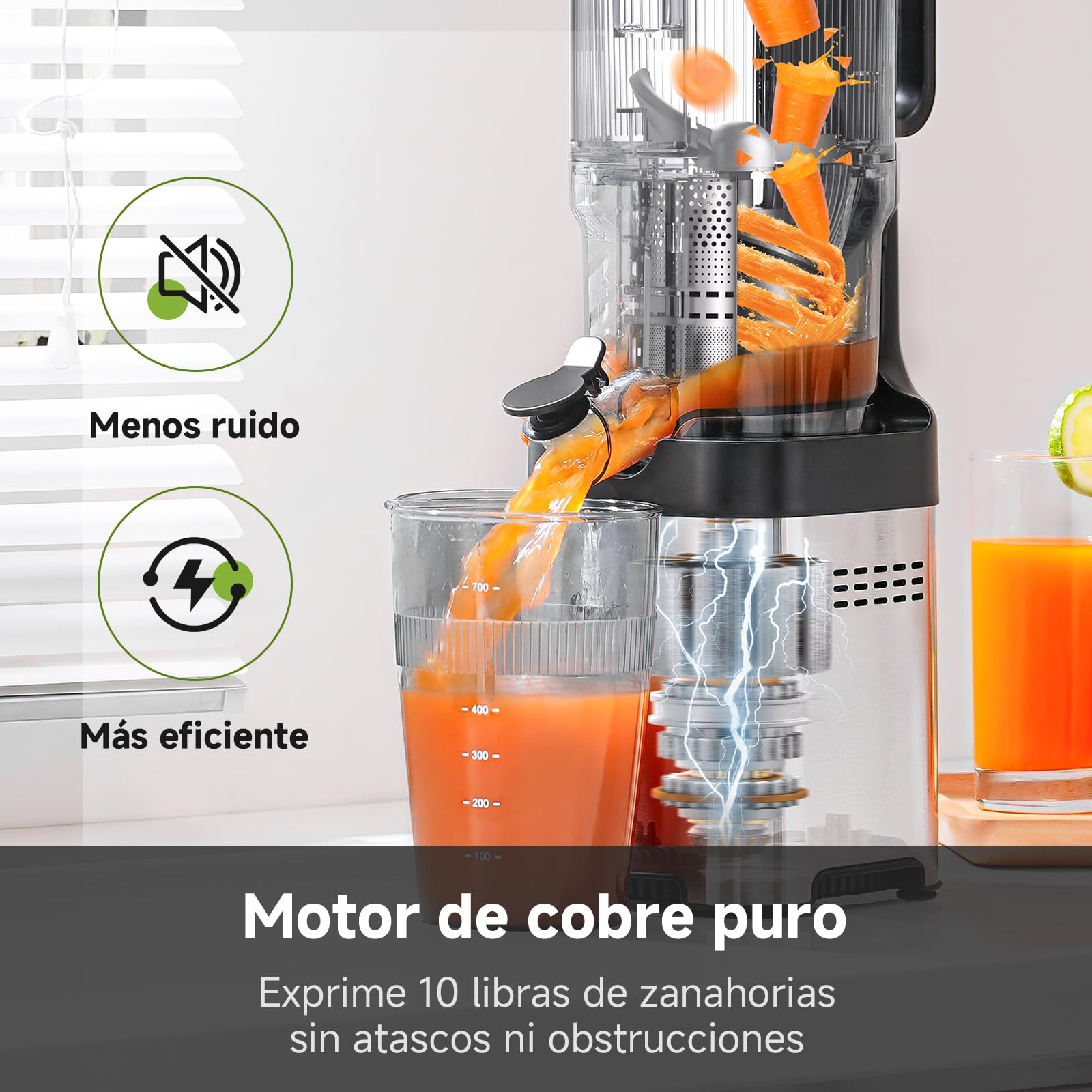AMZCHEF Extractor de Zumos Prensado en Frío con Boca Ancha de 135 mm | Frutas y verduras enteras, 2 filtros para bebidas vegetales y sorbetes, 2 L, acero inoxidable plateado y fácil limpieza