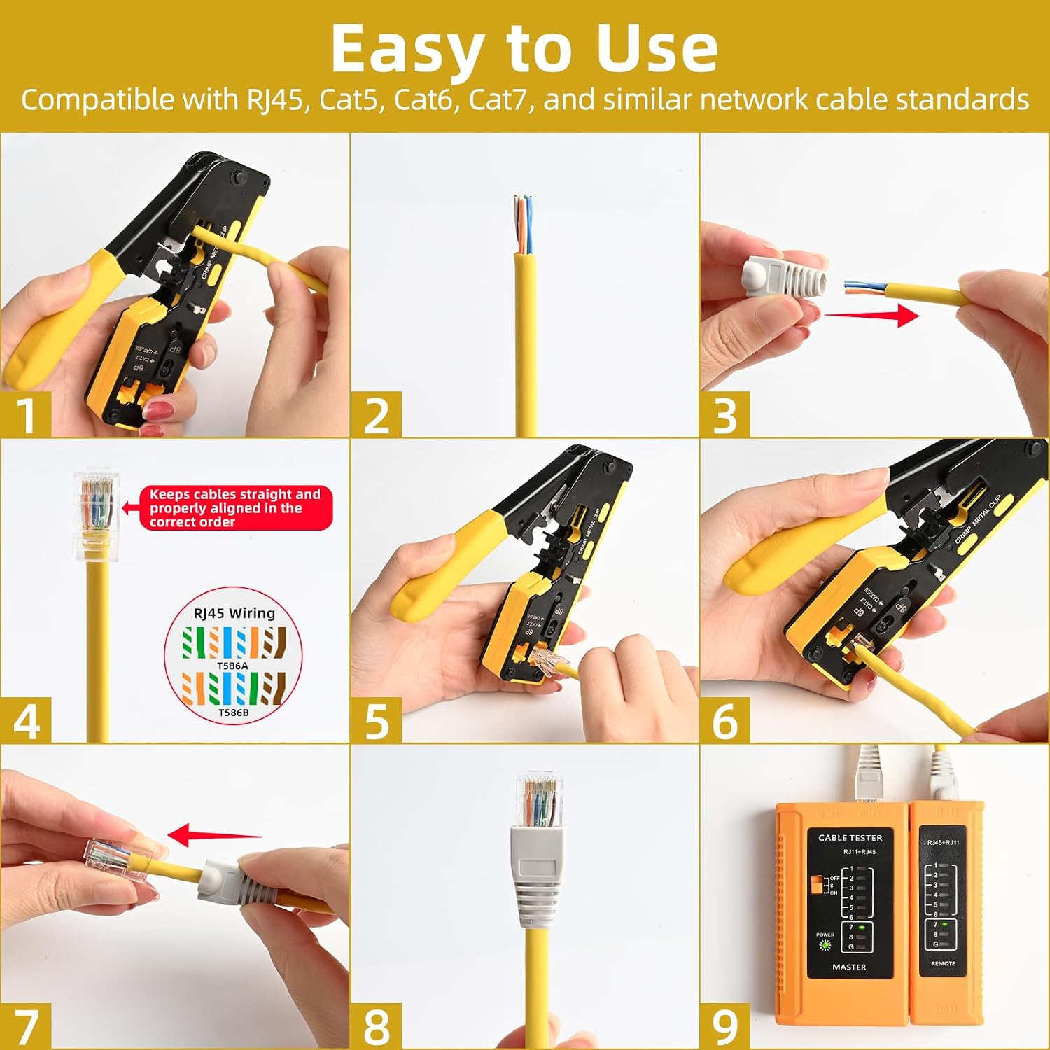 Pass Through RJ45 Crimp Tool Ethernet Crimping Tools Kit Punchdown Tool Wire Stripper Cutter Crimper Tool for CAT5/CAT6/CAT7 rj45 Connectors with Tester Crystal Heads