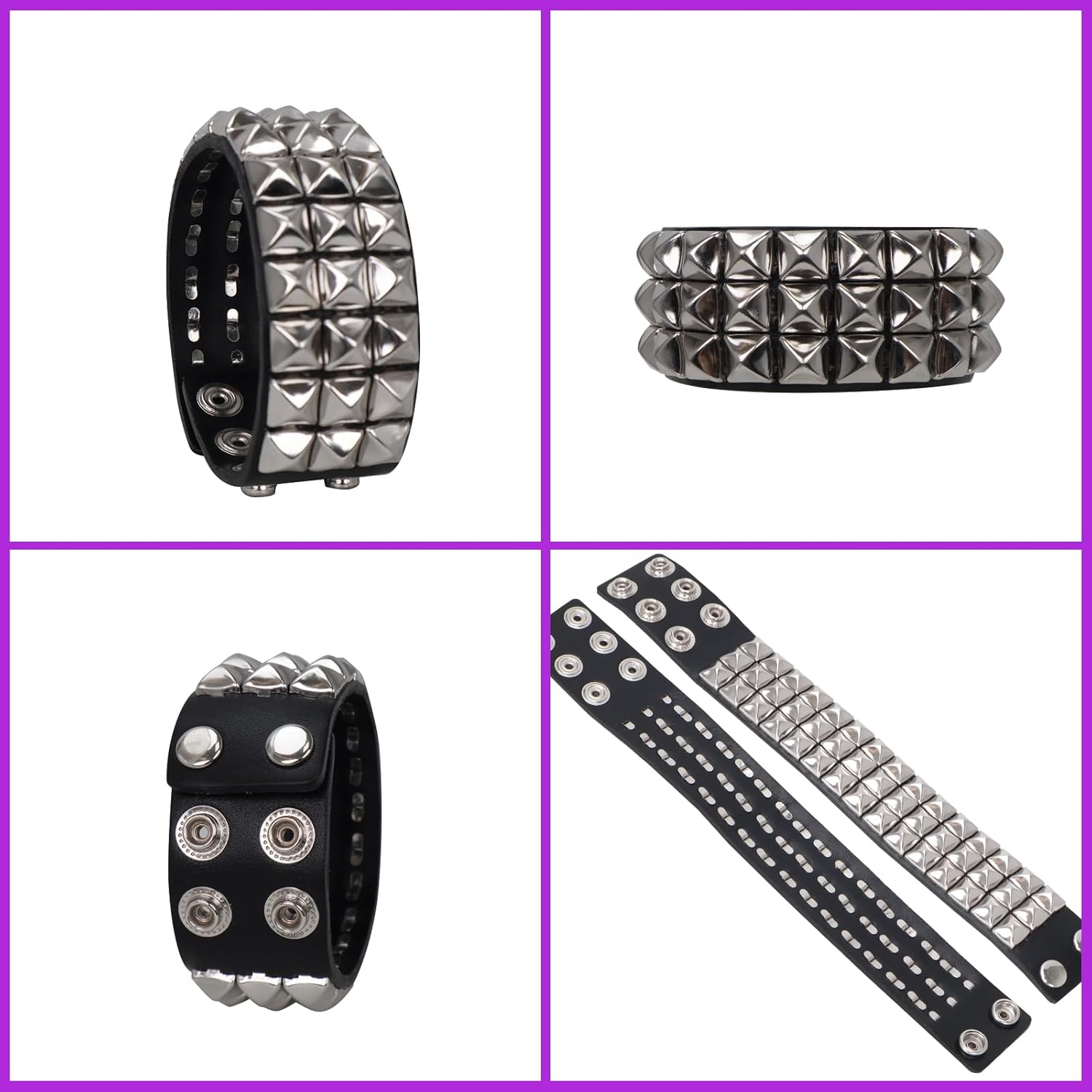 Genuine Leather Bracelet Cuff with Spikes studded Rivets - Adjustable Metal Wristband for Men Women, 80s Goth Rock Accessories
