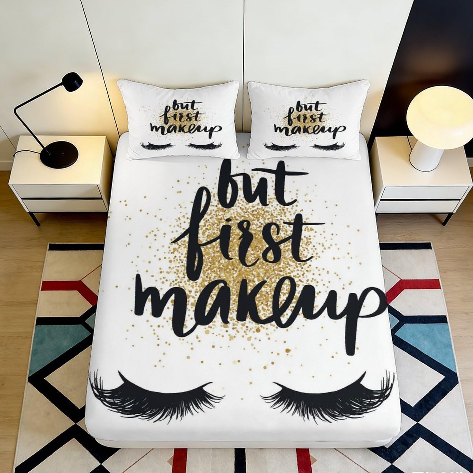 3D Printed Makeup Eyelash Fitted Sheet Microfiber Deep Pocket Non-Slip Bedroom Bedding Full Wrap Makeup Mattress Fitted Cover Washable 90x200x25cm