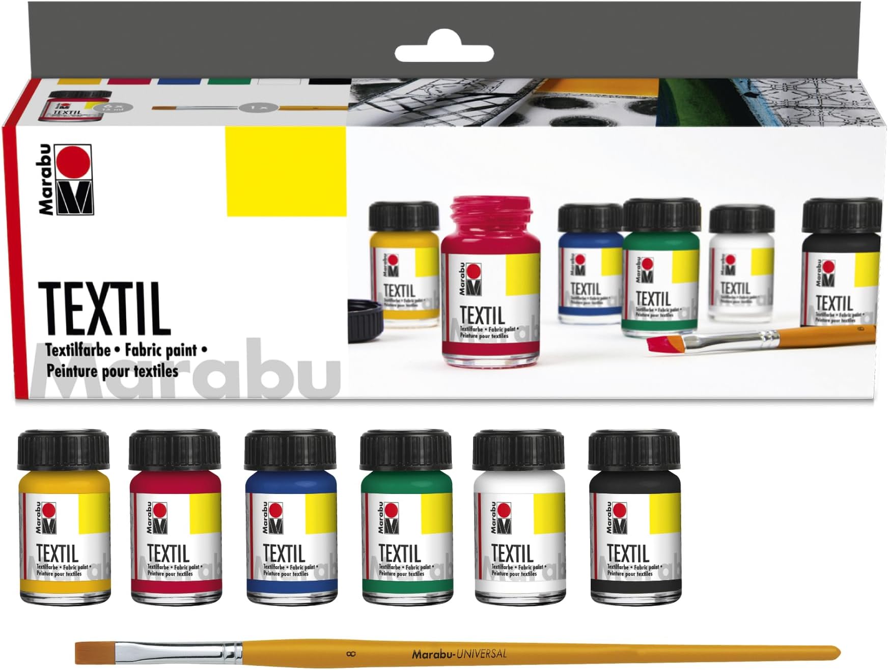 Marabu Textil Starter Fabric Paint, Medium Yellow, Carmine Red, Medium Blue, Light Green, White, Black, (021, 032, 052, 062, 070, 073), Single Set, For Fabric Painting, Printing Of Coloured Fabrics