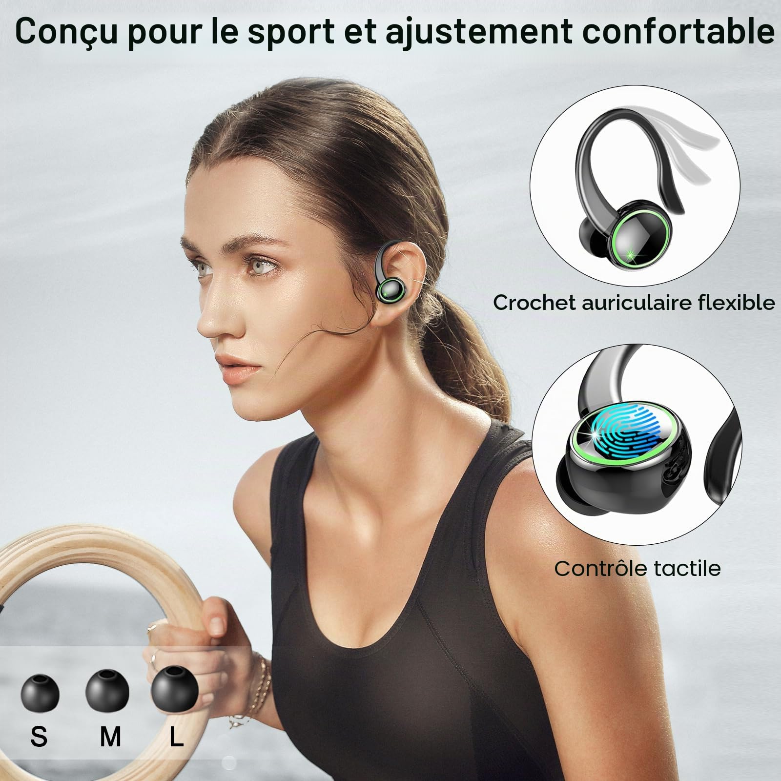 Ecouteurs Bluetooth sans Fil Sport, 2026 Écouteur Bluetooth 5.4 avec HiFi Stéréo, 50H Écouteur Bluetooth 4 ENC Réduction Bruit Mic, IP7 Étanche Oreillette Bluetooth, Écran LED Casque pour Running