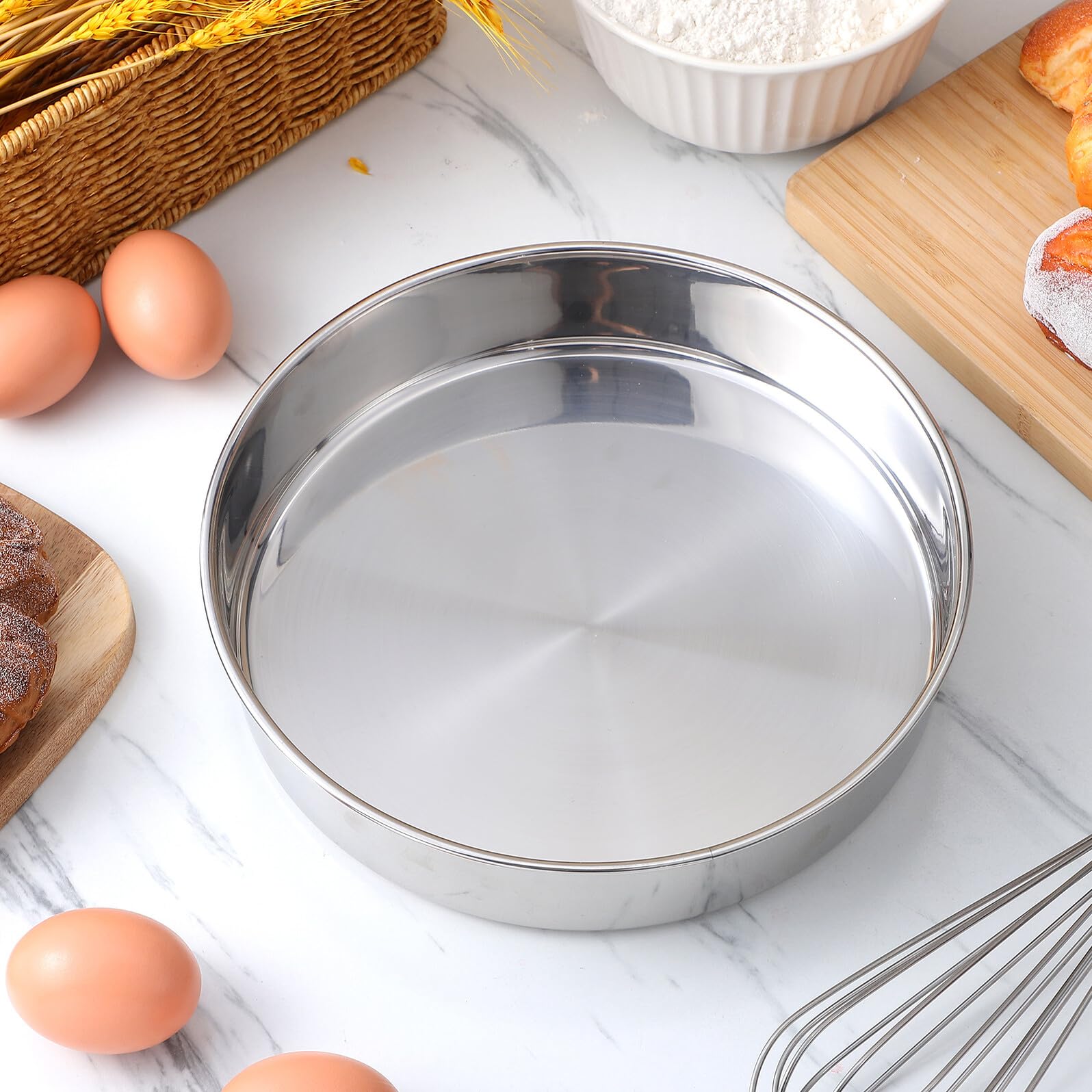 Angoily Juego de 2 Moldes Redondos para Pasteles de Acero Inoxidable 24 CM sin Borde Orejas Bandejas para Hornear y Servir Resistentes a Altas Temperaturas Aptos para Cocina al Vapor