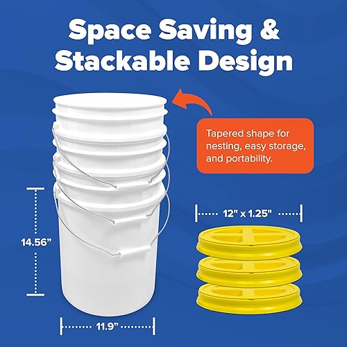 Miniatura 3 de Cubo blanco de 5 galones con sello gamma amarillo en tapa hermética (6 unidades), almacenamiento de grado alimenticio, plástico HPDE premium, sin