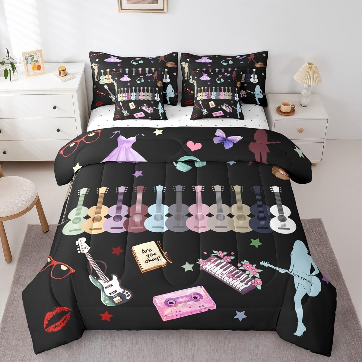Erosebridal Music Theme Full Size Comforter Set Guitar Bedding Set Black(Comforter+Fitted+Flat Sheet+2 Pillowcases+2 Throw Pillow Covers) 7 Pieces Modern Fashion Bed Set Gift for Music Lovers