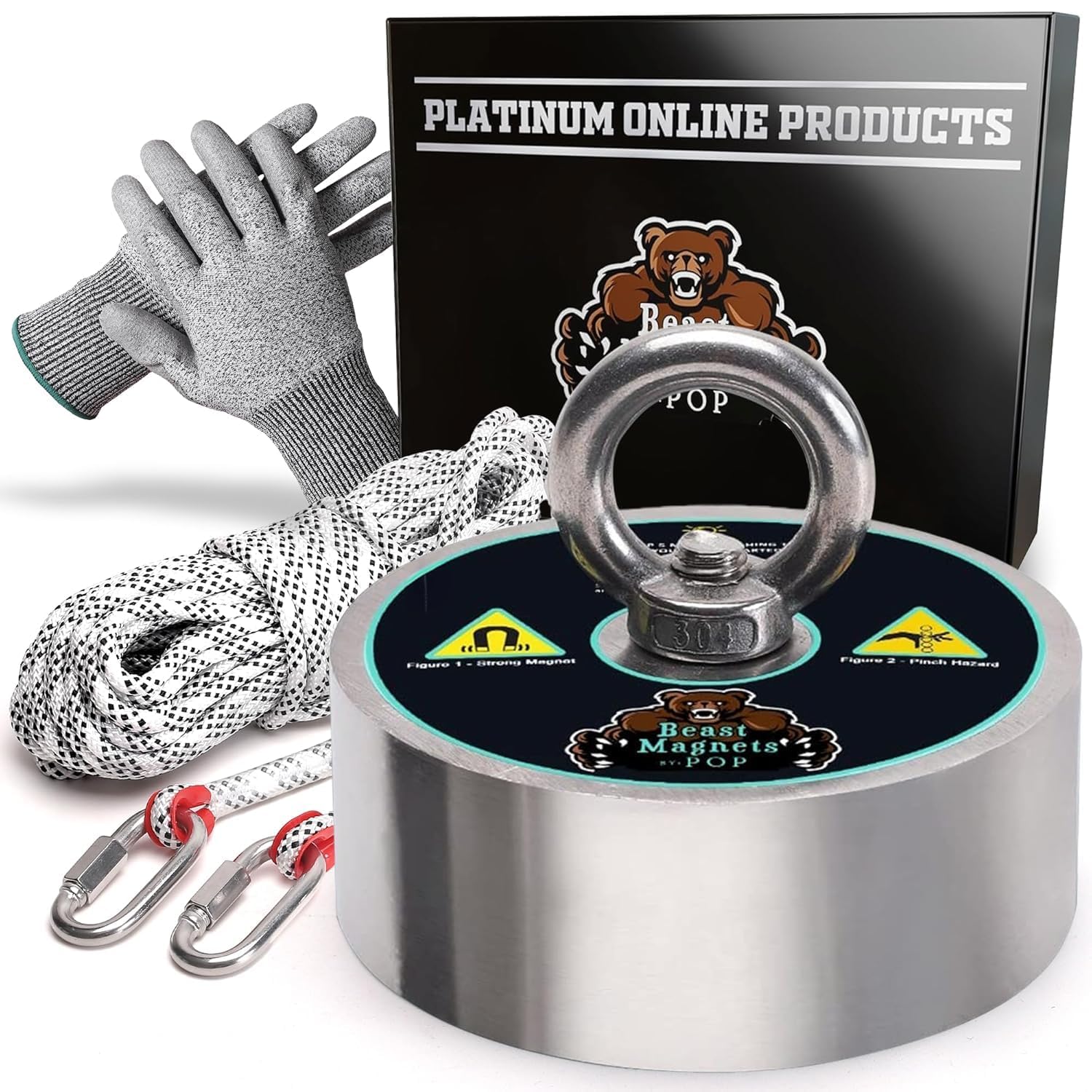 Photo 1 of 3000lb Complete 360 Degree Magnet Fishing Kit | Includes Strong 360 Neodymium N52 Magnets Durable 8mm 65ft Rope, Carabiner and Gloves.