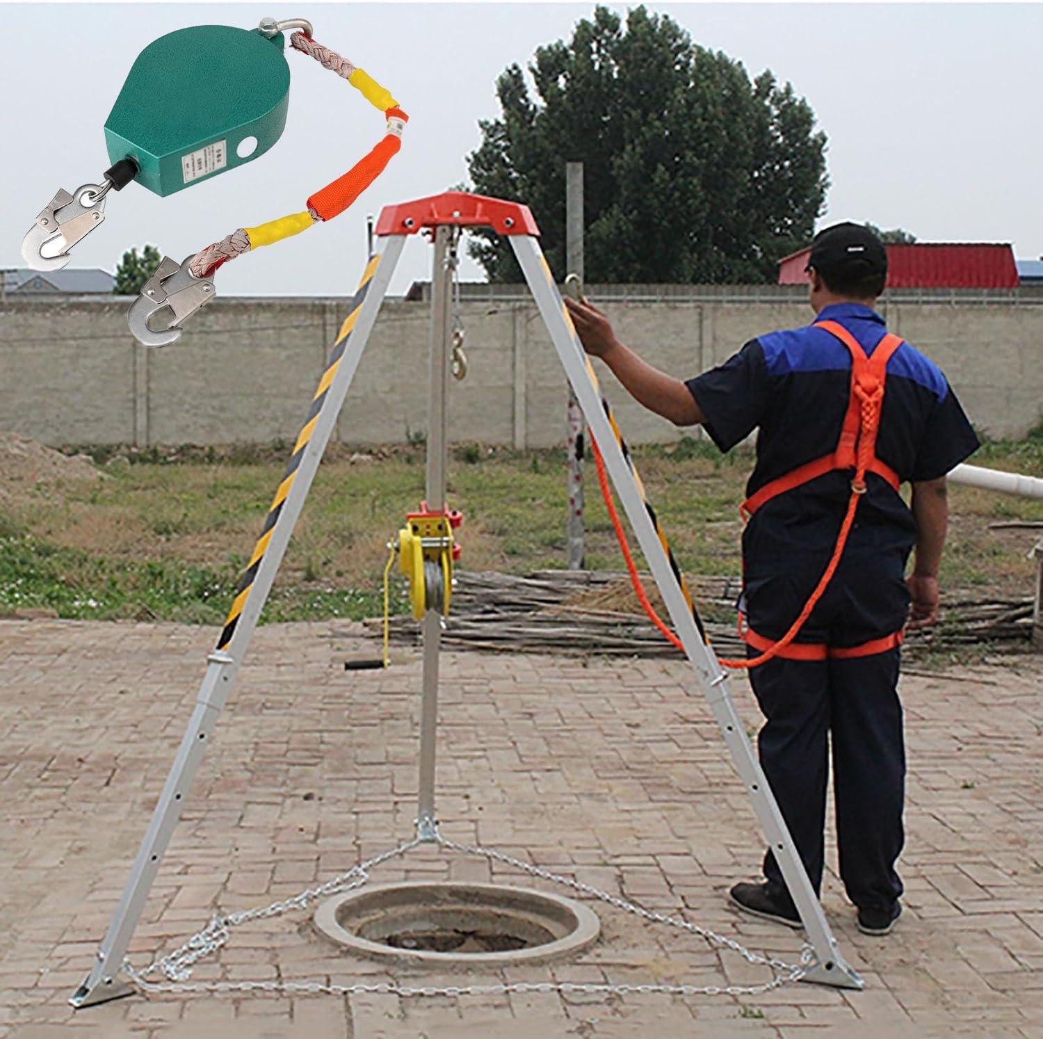 SRNSAEB Hoist Lift System Lifting and Rescue Equipment, Rescue Tripod Kit 1200LBS/1800LBS/2600LBS Winch with Falling Protector, Retractable Confined Space Tripod (Size : 1800LBS)