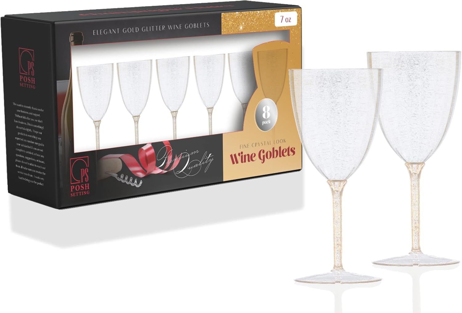 Posh Setting Copas de vino de plástico dorado con purpurina de 7 onzas, vasos desechables de plástico duro, tazas con tallo para tostar, bodas,