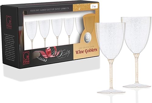 Posh Setting Copas de vino de plástico dorado con purpurina de 7 onzas, vasos desechables de plástico duro, tazas con tallo para tostar, bodas, disponible en Yaxa Peru