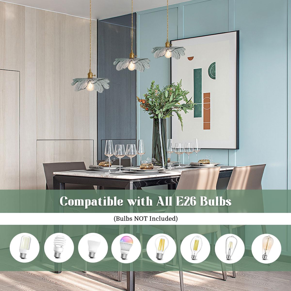 3-Light Gold Brass Adjustable Chandelier Lighting Dark Green Leaf Glass Pendant Dining Room Light Fixtures E26 Cluster Hanging Light for Kitchen Bathroom Cafe Restaurant