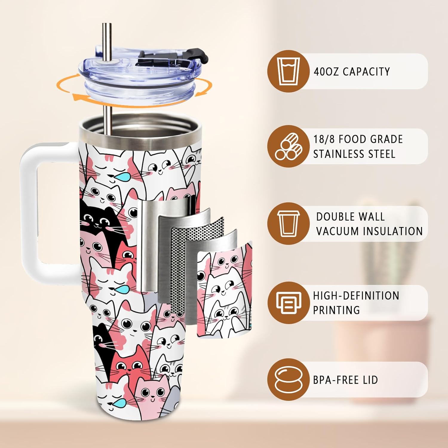 DUUV Cat Gifts for Women, Cat Tumbler for Mom Girls Friends Sister, Gifts for Birthday Christmas Thanksgiving, 40 Oz Tumbler with Handle and Straw Cats, 1PCS - Image 4