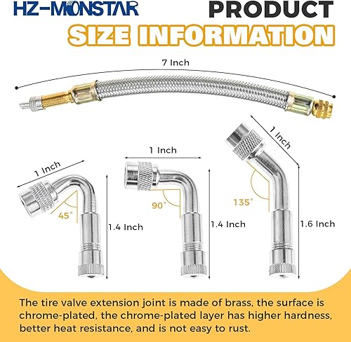 Miniatura 2 de HZ-MONSTAR Extensores de vástago de válvula, 4 extensiones de vástago trenzado de acero inoxidable flexible de 7 pulgadas, 6 adaptadores de válvula