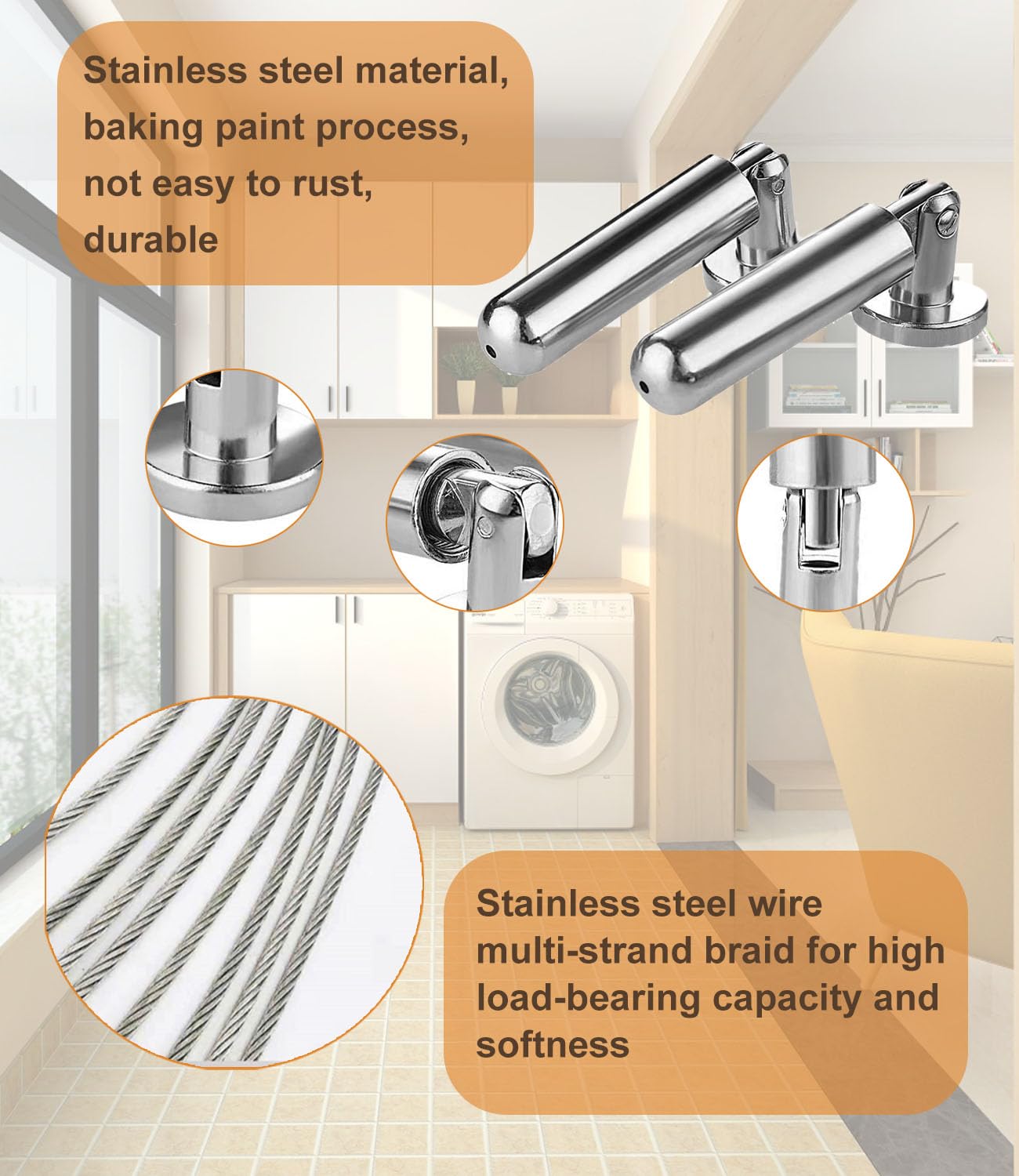 Kit Câble Inox 5m Pour Rideaux & Décoration | Corde à Linge Acier Inoxydable | Fixation Murale Avec 6 Clips Métal | Charge Max 25kg | Idéal Rideaux, Lumières, Photos