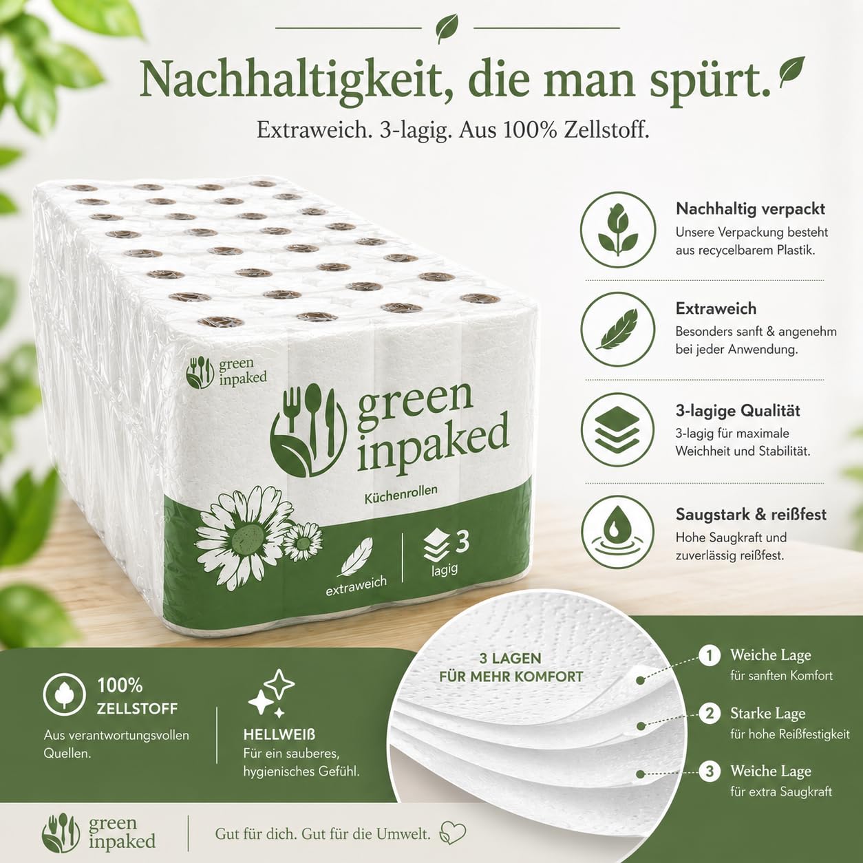 Green Inpaked Küchenrollen 32 Rollen XXL Vorratspack – 3-lagig, Extra Saugstark & Reißfest – Premium Küchenpapier für Haushalt, Gastronomie & Büro