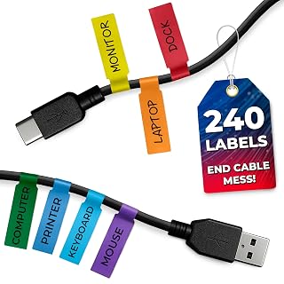 BURIUS 240PCS Wire Tags for Cable Management - 8 Colors Waterproof Tear-Resistant Self-Adhesive Cord Labels, Laser Printer Compatible