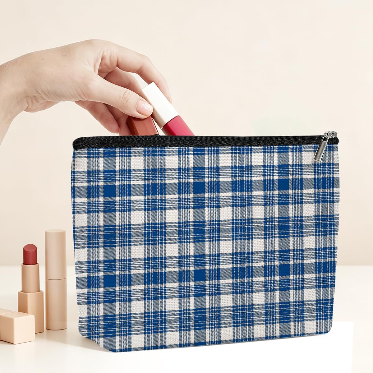 Navy Blue Plaid Makeup Bag, Durable Cosmetic Bag Makeup Organizer for Women image 2