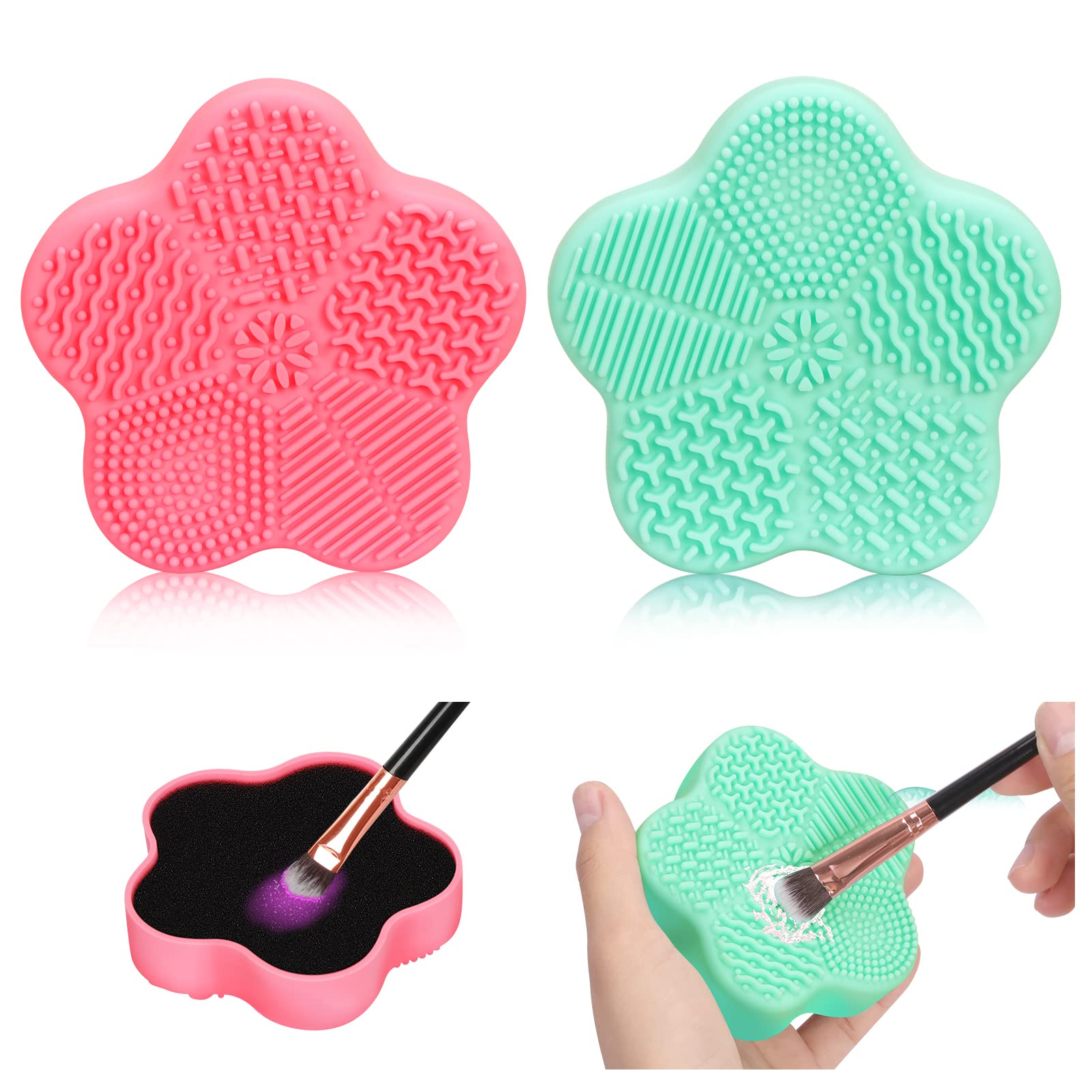 Unaone2 Pcs Makeup Brush Cleaning Mat, Cosmetic Brush Cleaning Pad with Color Removal Sponge, 2 in 1 Design Silicone Cleaner Box for Dry Brush Color Switch and Wet Cleaning, Flower Green & Pink