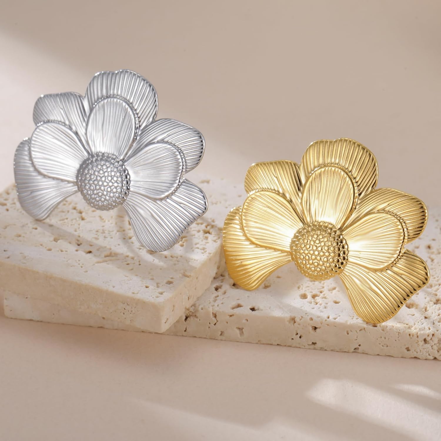 OIDIMS Elegant Camellia Flower Statement Ring for Women Adjustable Gold-Tone Plated Stainless Steel Open Wrap Band Stackable Wedding Engagement Anniversary Promise Ring Fashion Cocktail Party Jewelry - Image 6