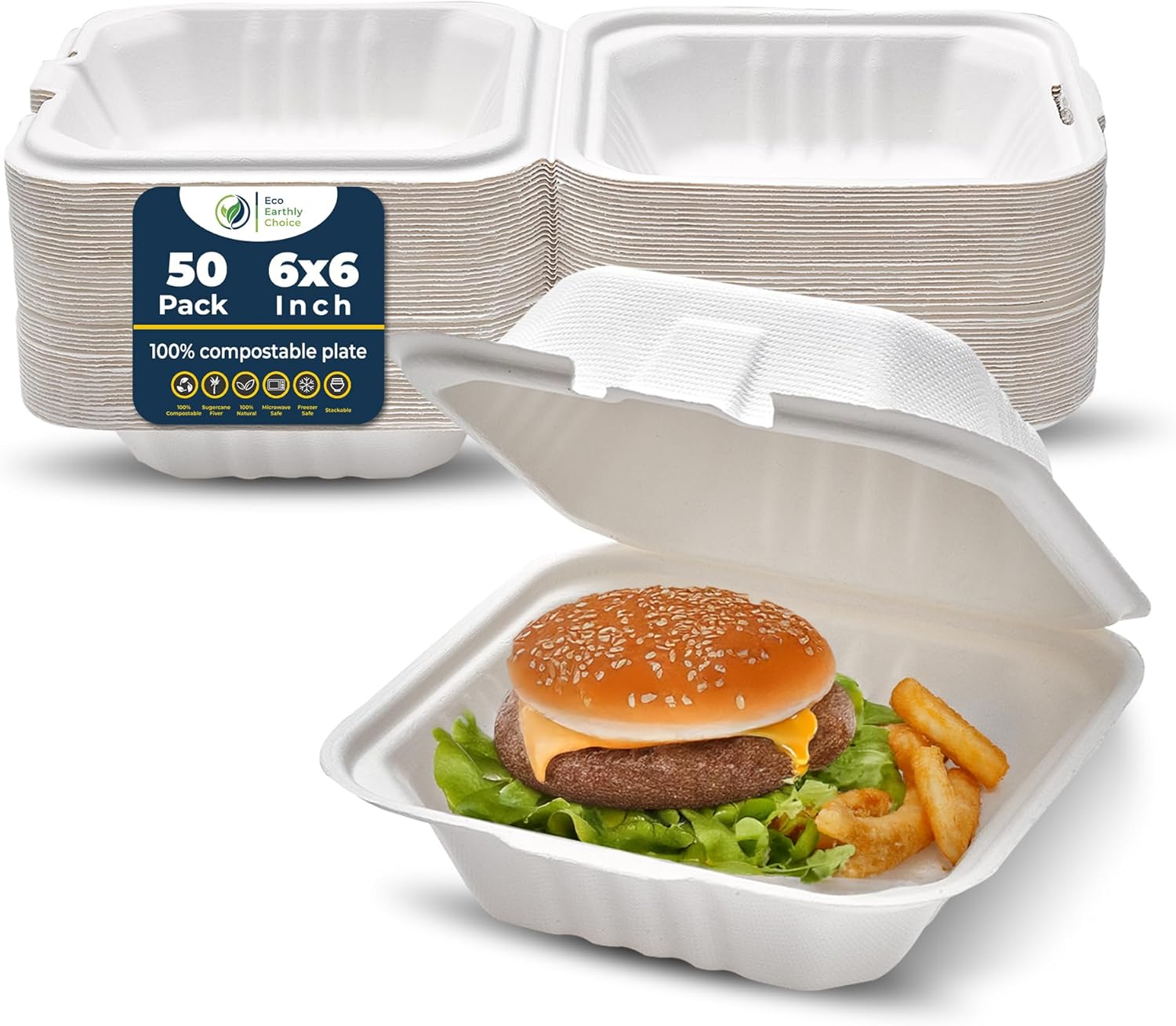 Eco Earthly Choice Biodegradable Tableware 100% biodegradable and environmentally friendly Eco-Friendly, Disposable, and Completely Biodegradable Dinnerware (6-inch x 6-inch Burger Box Set of 50)