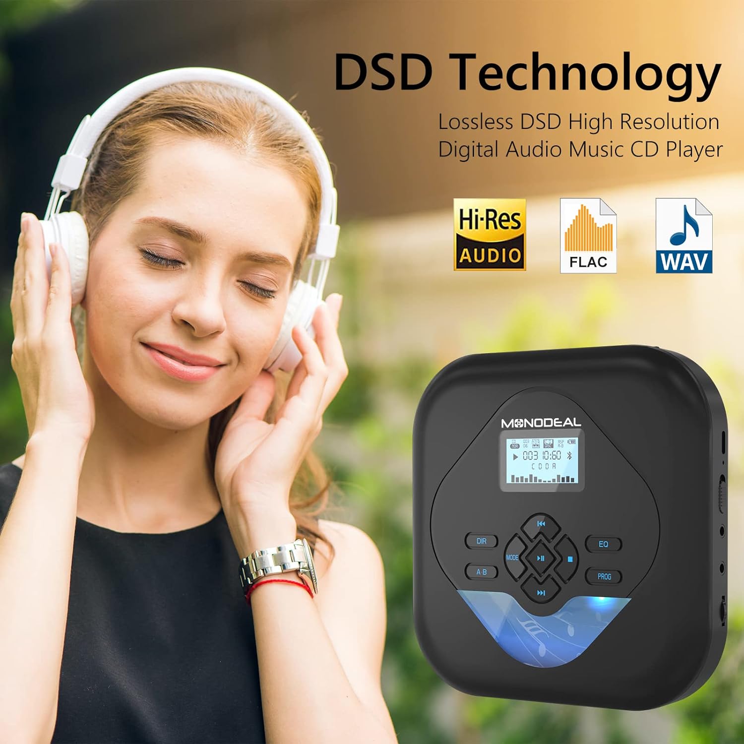 A person wearing headphones, enjoying music from the MONODEAL CD player, highlighting DSD Technology.