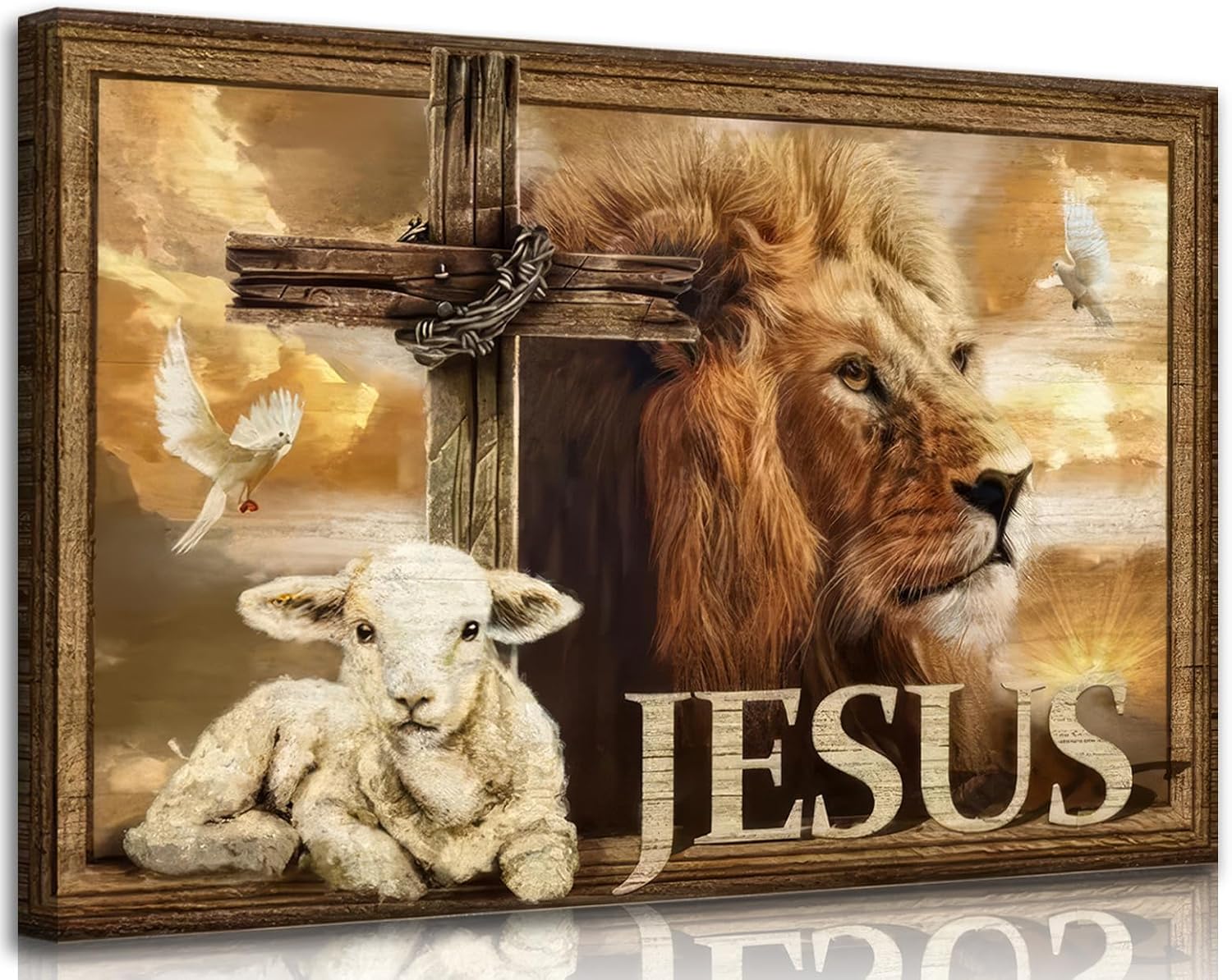Jesus Christian Canvas Wall Art Vintage Judah Lion and Lamb God Religious Faith Poster Print Artwork Cross Bible Art Redemption Painting Picture for Living Room Bedroom Church Decor 16x24in canvas