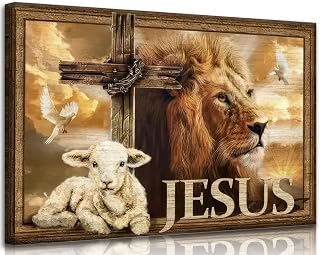 Jesus Christian Canvas Wall Art Vintage Judah Lion and Lamb God Religious Faith Poster Print Artwork Cross Bible Art Redemption Painting Picture for Living Room Bedroom Church Decor 12x16in canvas