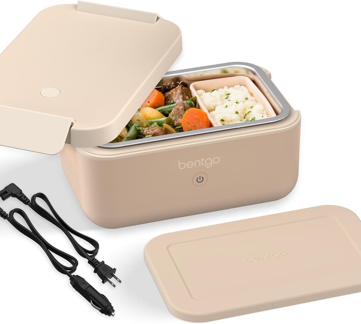 Heat lonchera eléctrica y calentador de alimentos portátil para trabajo y viajes | Fiambrera con calefacción, recipiente de acero inoxidable para 4,1 tazas, tapa a prueba de fugas, cables de alimentación para pared y automóvil (Latte)