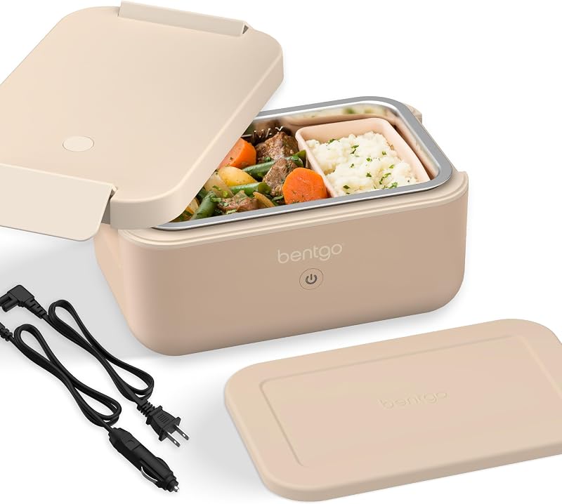 Heat lonchera eléctrica y calentador de alimentos portátil para trabajo y viajes | Fiambrera con calefacción, recipiente de acero inoxidable para 4,1 tazas, tapa a prueba de fugas, cables de alimentación para pared y automóvil (Latte)