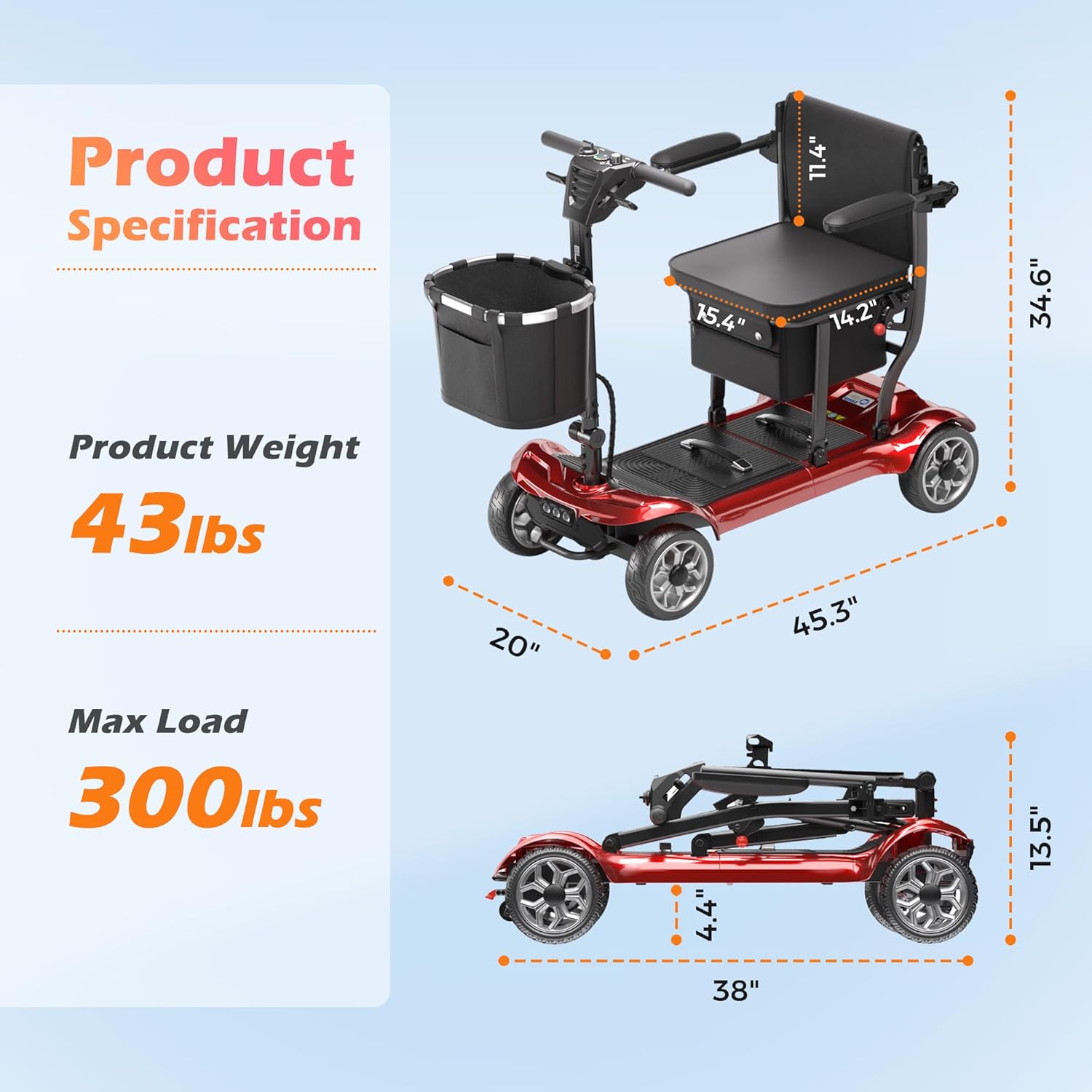 Lightweight Mobility Scooter for Adults & Seniors - Cruise & Airport Approved, 43lb Foldable Portable Motorized Scooters with Removable Lithium Battery for 12.4 Miles Travel, 300lb Capacity, Red - Image 3