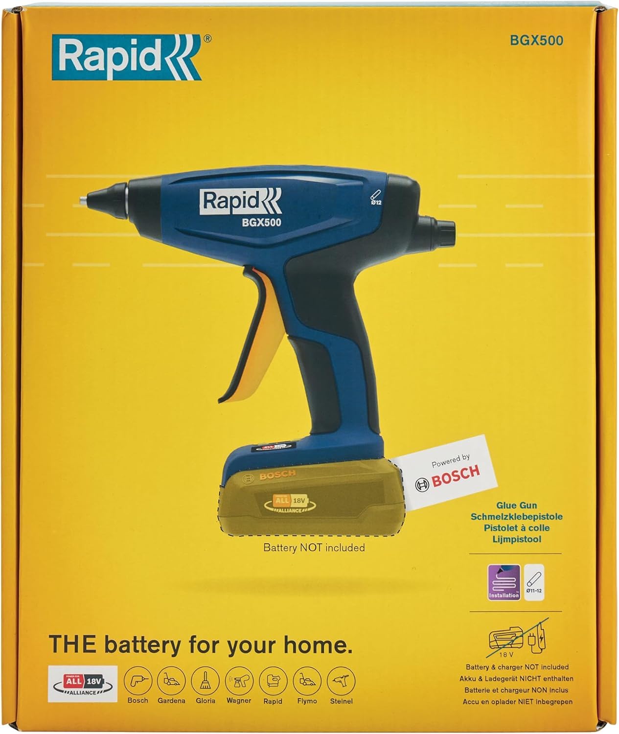 RAPID BGX500 Pistolet à Colle Chaude Professionnel Sans Fil, Chauffe Rapide 3 min, Régulateur de Débit, Voyants LED, Fonctionne avec Batterie 18V Bosch - (Non incluse) - 5001517