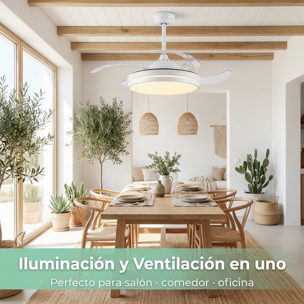 Don Feliz Ventilador de techo con luz LED con 4 Aspas Retráctiles, 3 modos de luz, control por mando y app, lampara de techo con ventilar luz LED regulable 55W, Motor DC