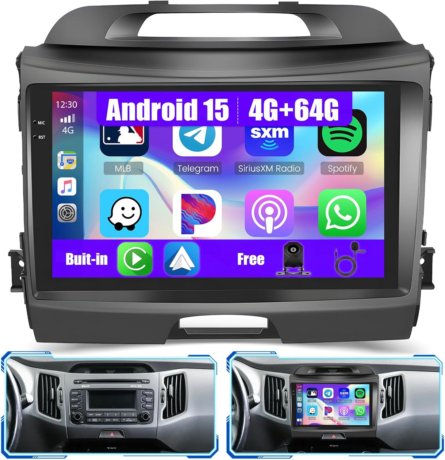 [4G+64G] Android 15 Car Radio for Kia Sportage 2010-2016 with Wireless Carplay/Android Auto, 9 Inch HD Touchscreen Car Stereo with GPS WiFi Bluetooth FM/RDS EQ SWC Backup Camera MIC