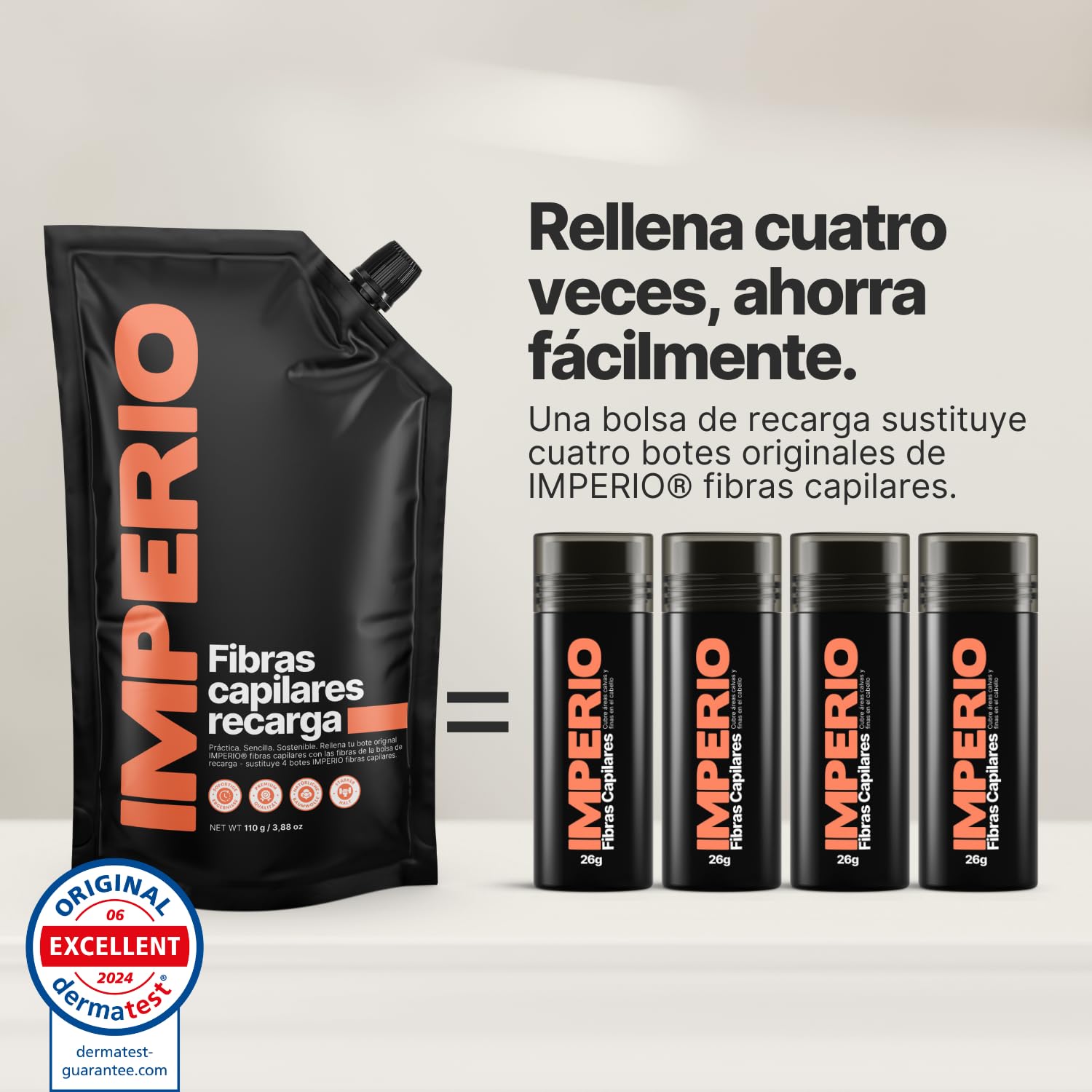 IMPERIO Paquete de recarga de pelo disperso, 110 g, con pelo a granel premium, paquete de recarga sostenible con práctico cierre, fácil llenado de la lata de fibras de pelo (marrón oscuro, 110 g)