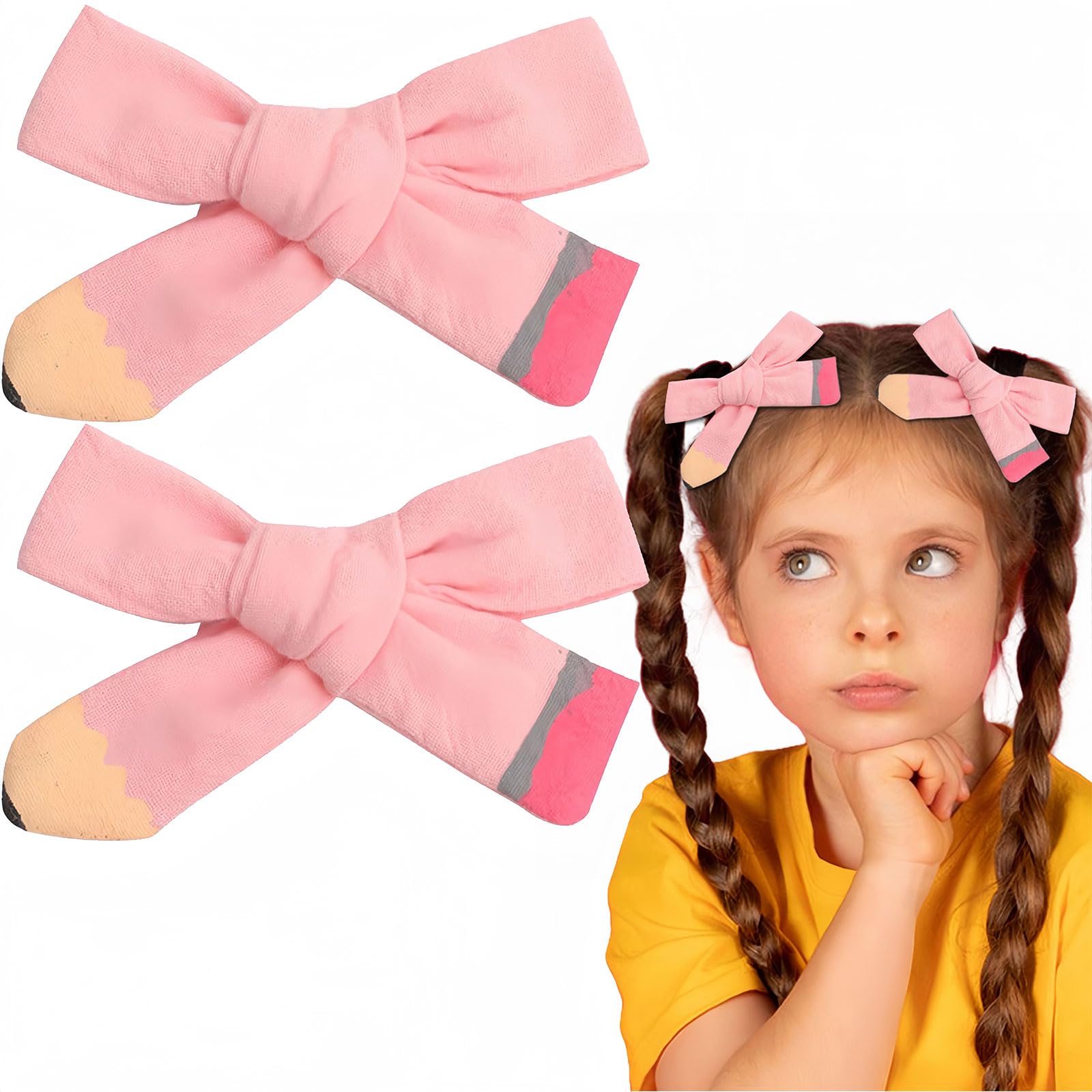 HIFANMM 2pcs Back to School Hair Clips Pencil Bow Hair Accessories for Girls Cute Pink Bowknot Hairpins Students Toddlers Kids Soft Bow Alligator Hair