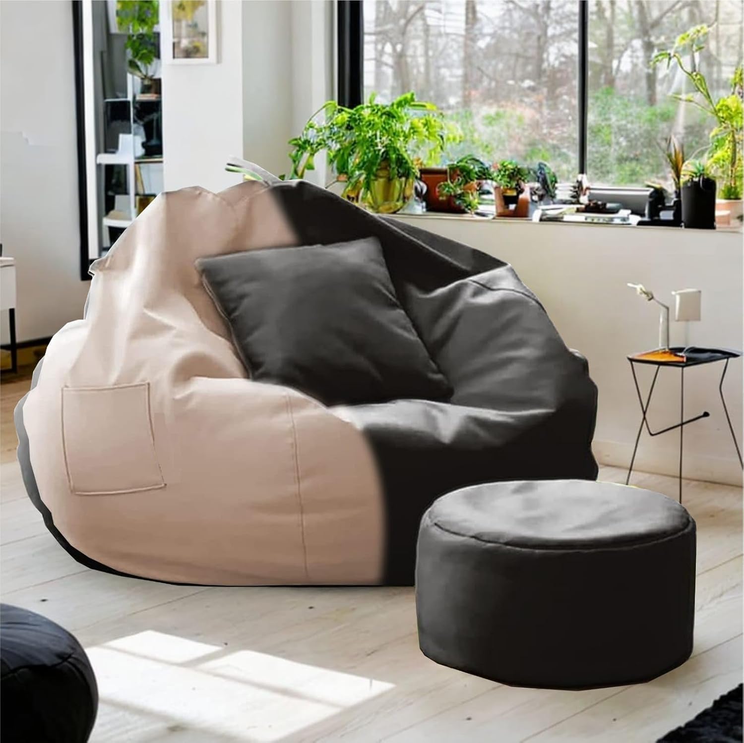 Bean Bag with Beans Filled, Bean Bag with Free Cushion & Footrest for Living Room | Ultra Cozy Bean Bag (Beige & Black, XXXXXL)