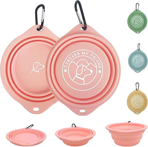 FUREVER - Paquete de 2 cuencos plegables de silicona portátiles para perros, platos de comida de agua para perros, plátano, amarillo, viajes,