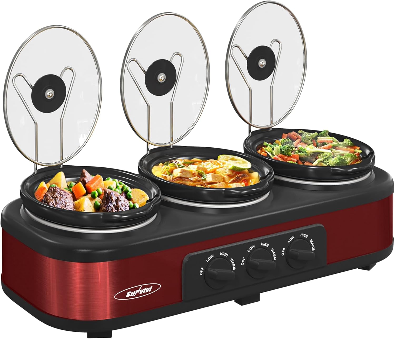 Sunvivi 3-Pot Slow Cooker Buffet Server with Adjustable Temp & Ceramic Pans
