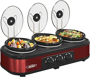Sunvivi Triple Slow Cooker Buffet Servers and Warmer,3 Pot Food Small Mini Manual Slow Cooker with Adjustable Temp Stainless Steel Lid Rests,Removable Ceramic Pot, 3 * 1.5 Quarts Red
