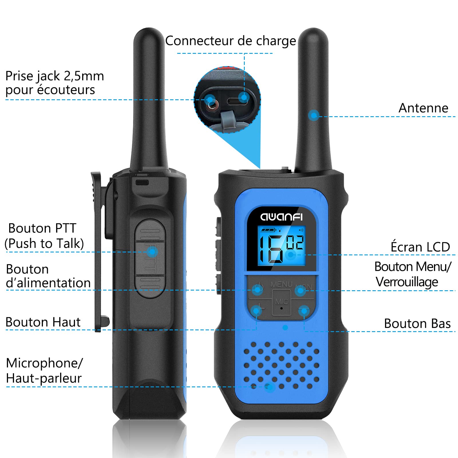 Talkie Walkie Longue Portée Enfants Adultes 3 Pièces, Talkie-Walkie Rechargeable avec 16 Canaux Radio à 2 Voies Écran LCD, Walkie Talkie USB Type C avec VOX pour Jeu d'Aventure, Randonneé, Vélo