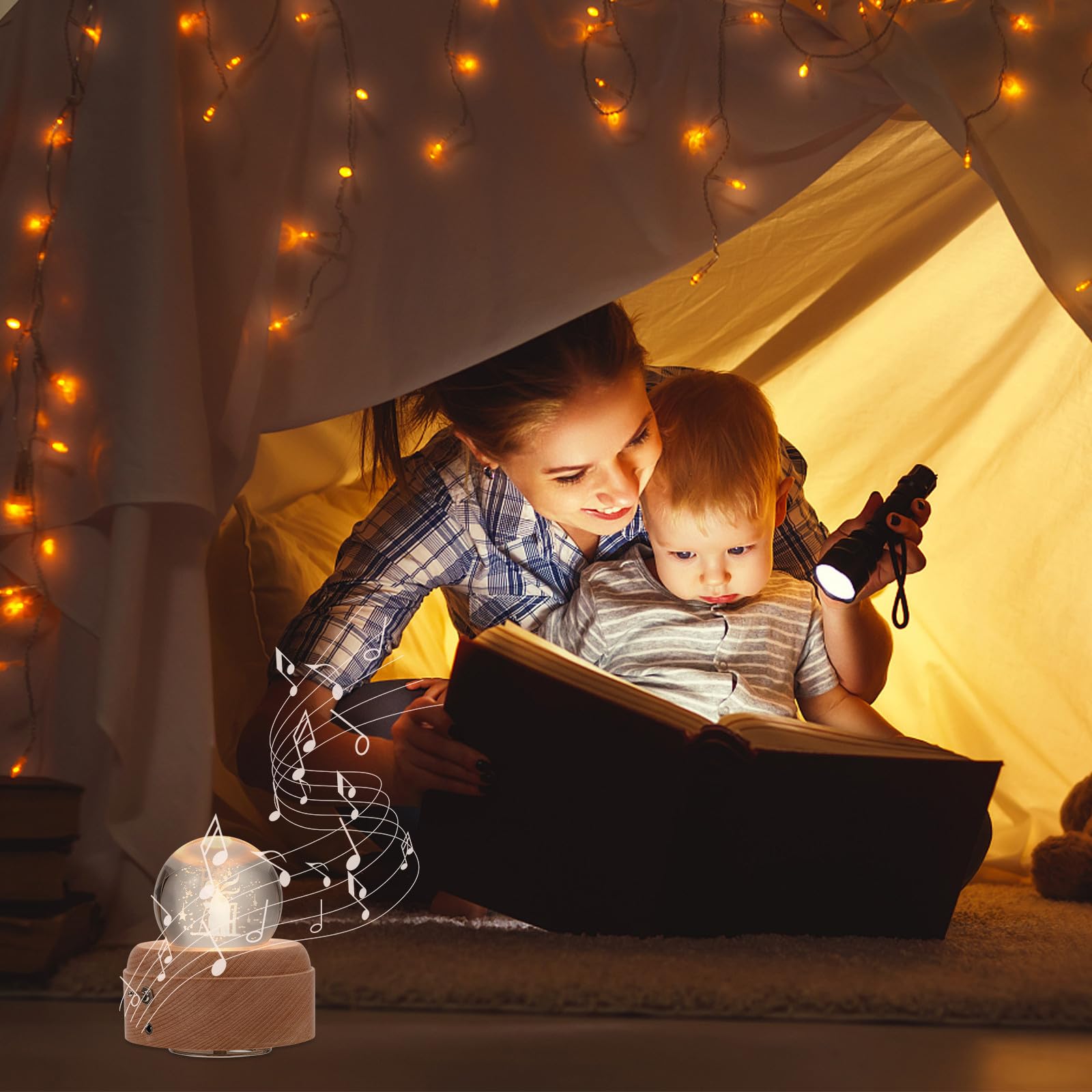 Caja de Música Giratoria Bola de Cristal y Base de Madera, Lámpara de Proyección LED para Luz Nocturna Infantil en Hogar y Oficina